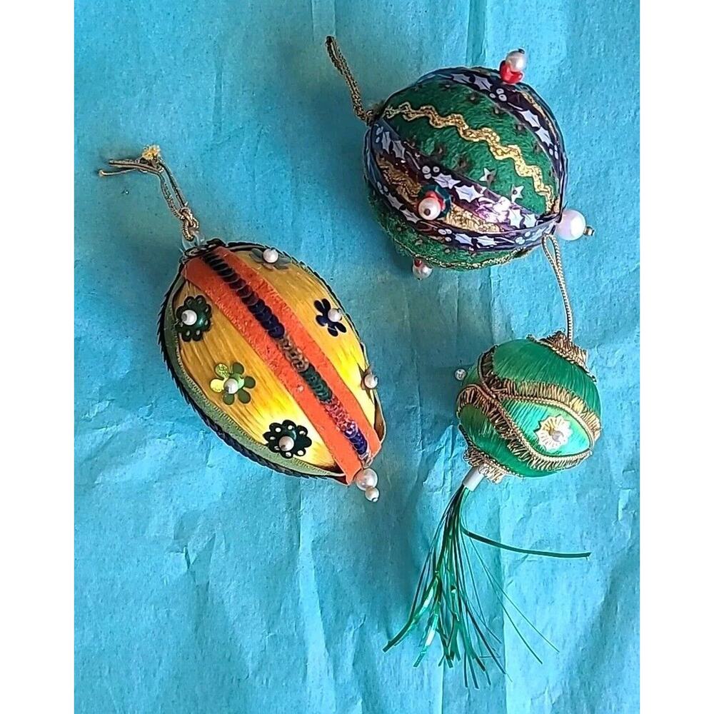 Vintage Lot of 3 Satin & Push Pin Foam Christmas Ornaments Beaded Gold Green MCM